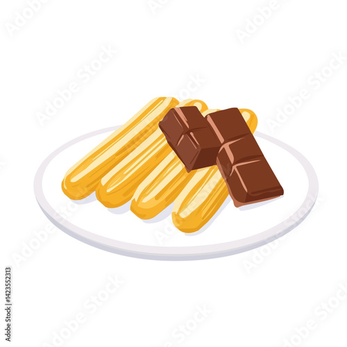 A Simple flat 2D icon of churros with chocolate isolated on a transparent background, vector, flat design, animation design, simple flat 2D icon, minimalist design, clipart, illustration