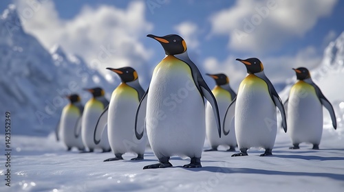Group of King Penguins Walking on Snow in Antarctica Landscape