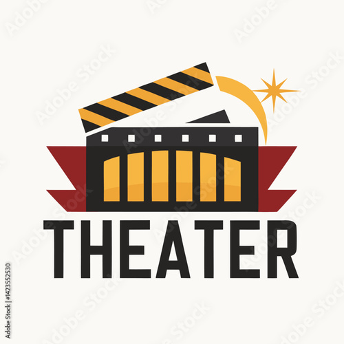 Cinematic minimalist logo designed for a movie theater featuring an iconic film clapperboard and architectural elements to evoke the ambiance of classic cinema experiences