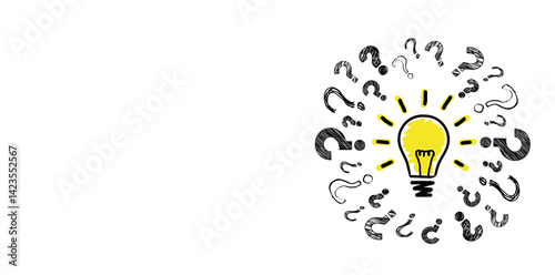 Creative idea or problem solving concept. Light bulb and question marks on white background.
