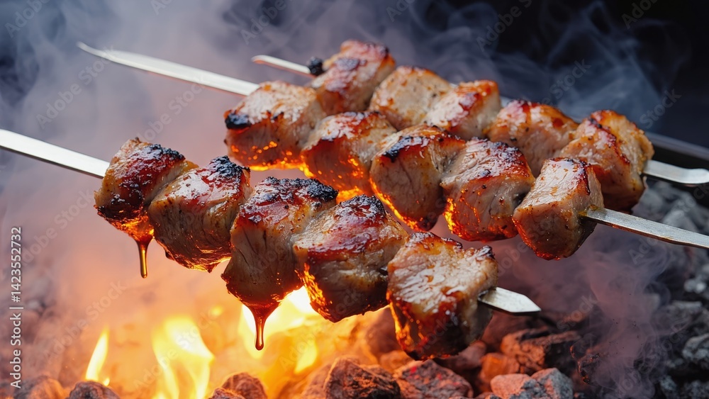 Delicious shish kabobs being prepared on a charcoal grill, ready to be enjoyed.