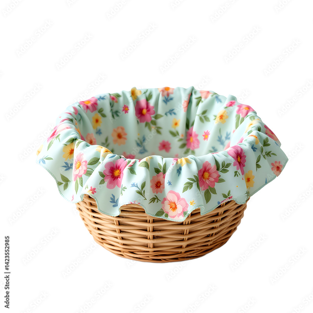 Wicker Basket with Floral Fabric Liner on a White Background Wicker Basket with Floral Fabric Liner on a White Background