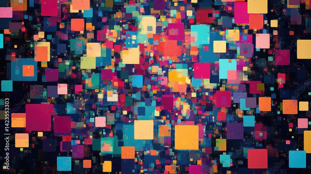 An endless pattern of colorful, pixelated squares. An endless pattern of colorful, pixelated squares.