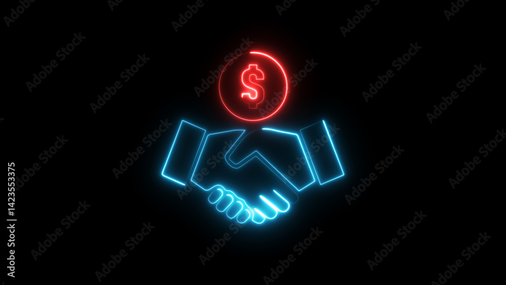 Fototapeta premium Neon Handshake With Dollar Sign icon Isolated on Black Background