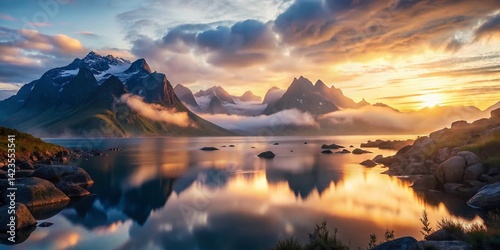 Panoramic Sunrise Fjord Landscape: Misty Morning Shore View