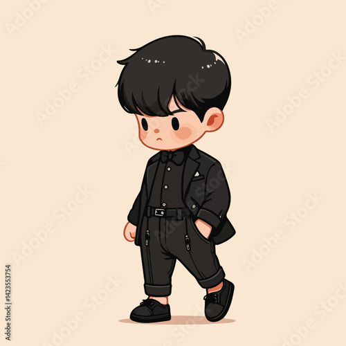 vector image of a cute little boy wearing a black jacket and black pants
