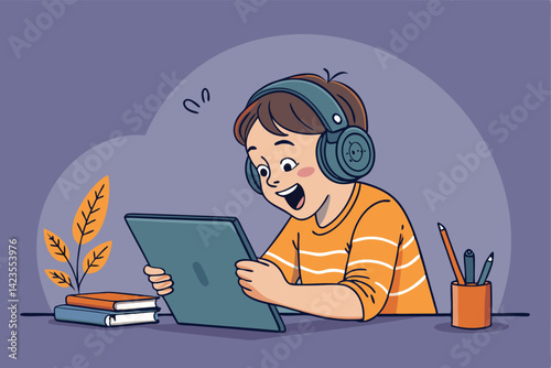 Illustrate a student engrossed in online learning;  depict a person wearing headphones, using a tablet,  focused on the screen in a comfortable setting.