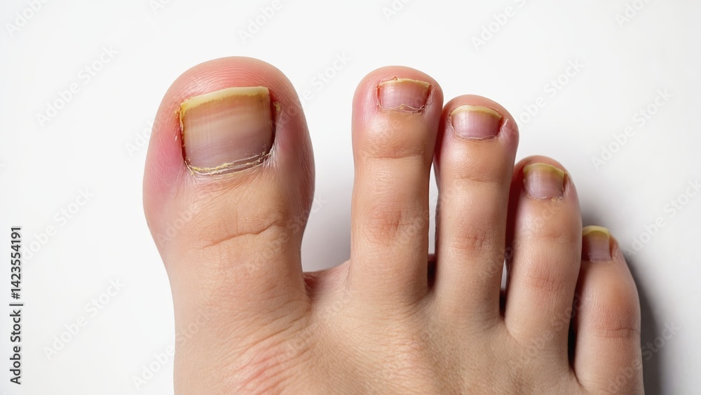Closeup of person's toes showing signs of infection or fungal nail disease.