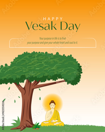 Illustration of Lord Buddha meditating under the Bodhi tree with a glowing aura, symbolizing peace and enlightenment on Buddha purnima.
