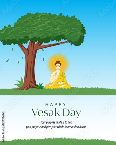 Illustration of Lord Buddha meditating under the Bodhi tree with a glowing aura, symbolizing peace and enlightenment on Buddha purnima.