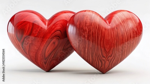 Panoramic Photo of Two Red Wooden Hearts with White Highlights - PNG
