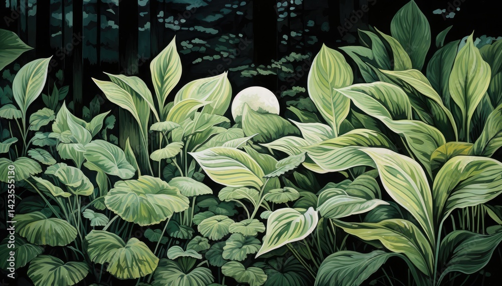 Fototapeta premium lush, green forest scene with various plants and leaves in the foreground.