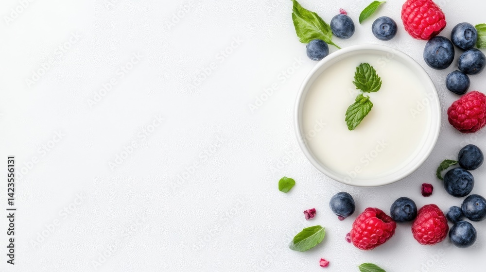 Fresh, creamy dessert with berries and mint Fresh, creamy dessert with berries and mint