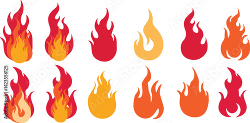Fire flame icon set. hand drawn vector logo. Hot fire on white background. Flame simple illustration. Graphic heat symbol. Abstract silhouette, hell element clipart. Red stroke shape