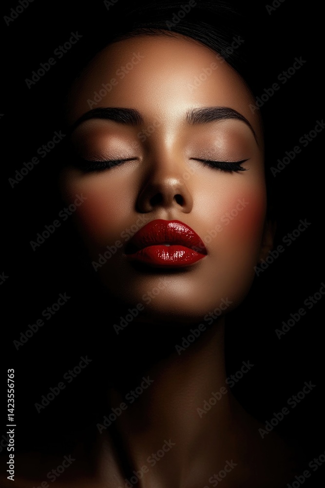 Beautiful African American woman with red lipstick and closed eyes, against a black background. Beautiful African American woman with red lipstick and closed eyes, against a black background.