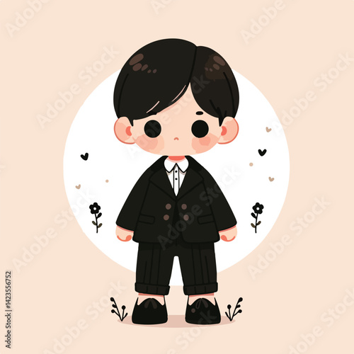 vector image of a cute little boy wearing a black jacket and black pants