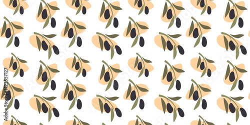 Minimalist seamless pattern with olives and olive branches. Ideal for organic, Mediterranean, and nature-inspired designs. Perfect for textiles, packaging, and culinary-themed projects.