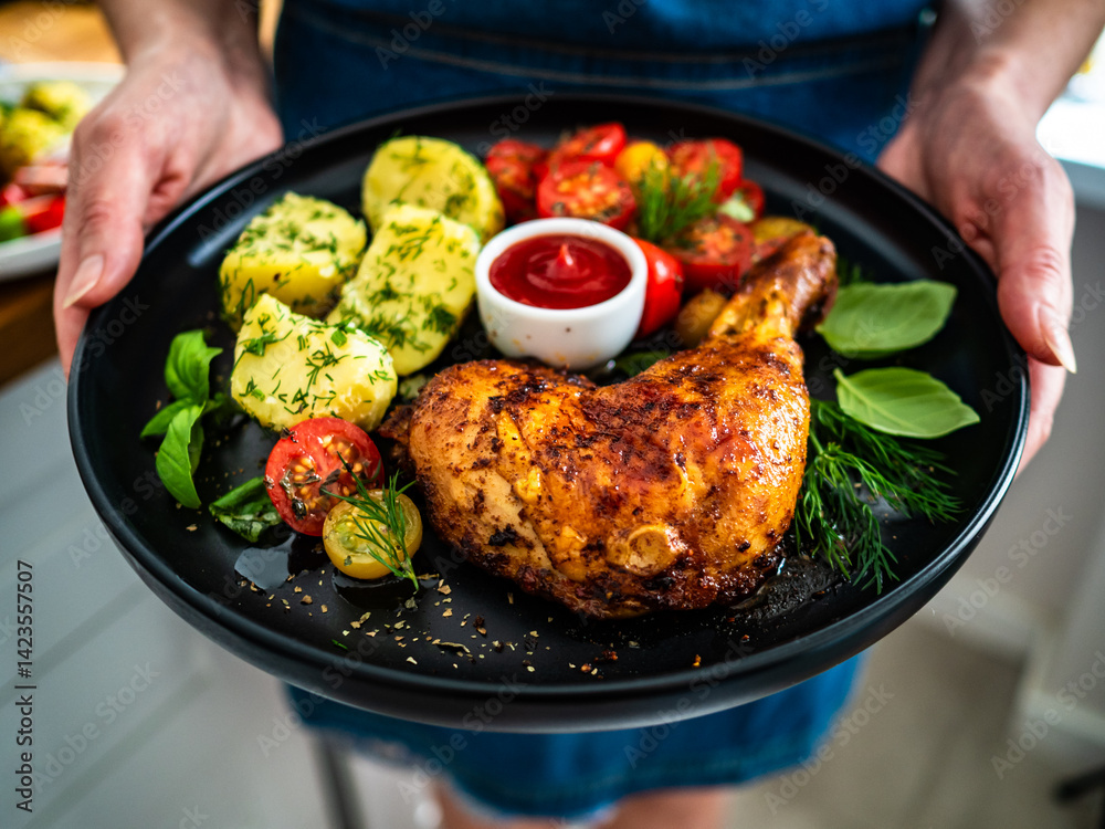 Woman holding plate with roasted chicken leg with boiled potatoes, fresh tomato salad and ketchup