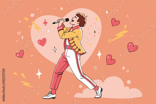 Energetic pop singer performing on stage, surrounded by animated hearts and sparkling effects.  Close-up, dynamic pose.