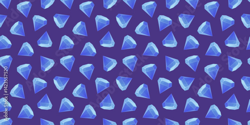 Seamless pattern of blue diamonds on a dark purple background. Clean, modern design perfect for luxury branding, jewelry, fashion, and elegant patterns