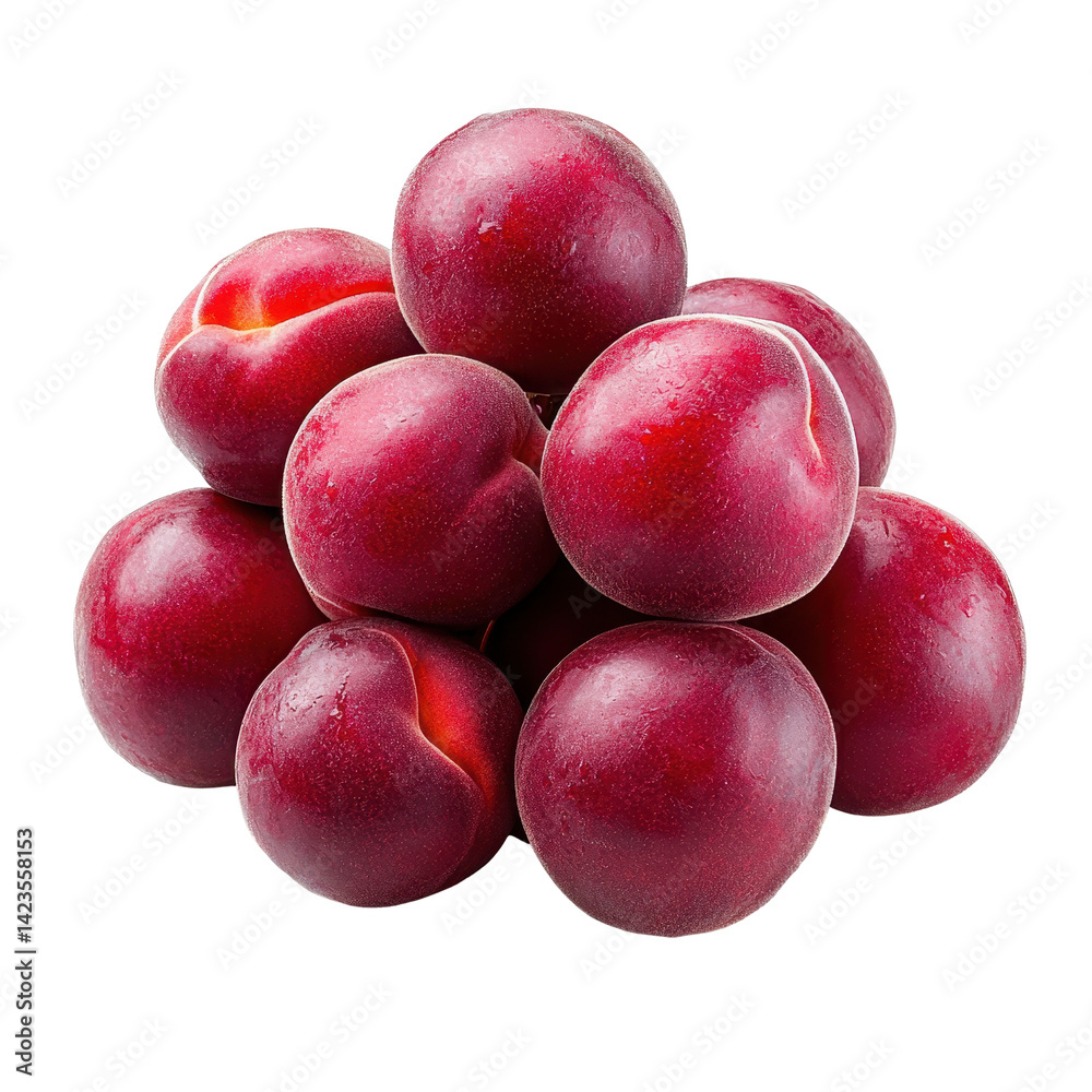 Fresh ripe red plums with smooth skin and vibrant color arranged in a pile on transparent background perfect for healthy snack or fruit market themes. Fresh ripe red plums with smooth skin and vibrant color arranged in a pile on transparent background perfect for healthy snack or fruit market themes.