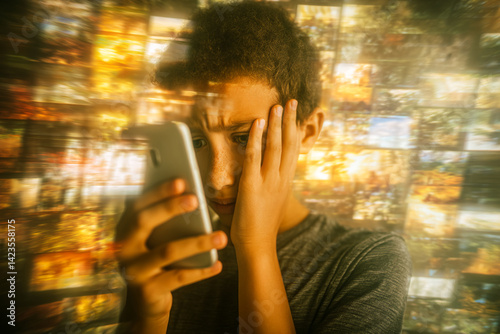 Boy with worried expression looks at phone, hand on face, against blurred background of many images, suggesting information overload or digital stress