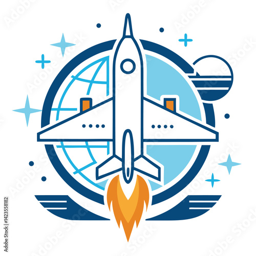 Innovative minimalist logo design featuring an aerospace engineering theme, showcasing an aircraft amidst celestial elements and a globe representation