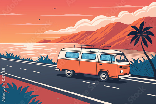 A vintage campervan, retro style, cruises along a scenic coastal highway, bathed in warm sunlight; idyllic holiday vibe.