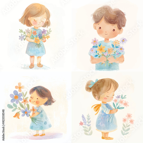 Kids Holding Flower Watercolor Graphics for Baby Shower and Invitations

