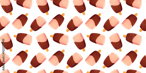 Playful pattern of chocolate dipped ice cream bars with popsicle sticks. Sweet, colorful design ideal for summer themed products, packaging, and fun illustrations
