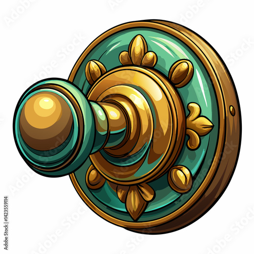 Golden door knob isolated on a white background, showcasing its shiny surface and intricate design details.
