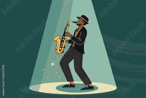 A lone saxophonist bathed in a single spotlight, performing a captivating jazz concert on a dimly lit stage.