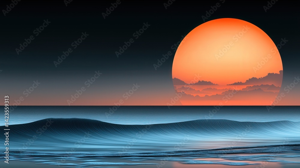 Fototapeta premium Sunset action over calm ocean waves coastal landscape scenic view tranquil environment natural beauty