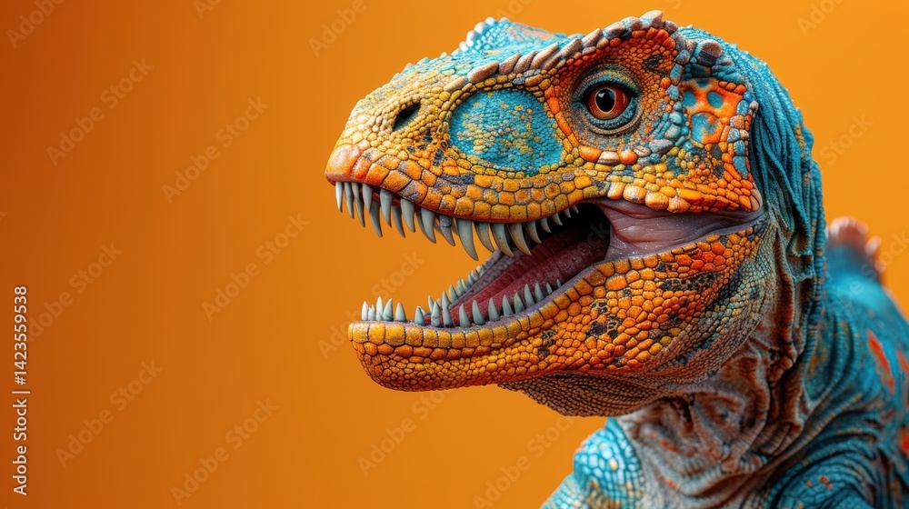 Obraz premium Detailed Colorful Dinosaur Head Illustration with Open Mouth on Orange Background