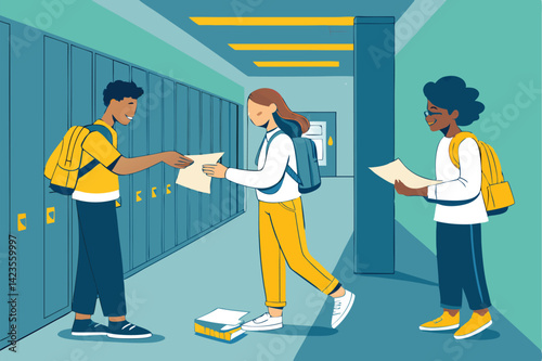 A wide shot of a bustling school hallway, students cheerfully handing out thank-you notes, showcasing diverse students and positive interactions.