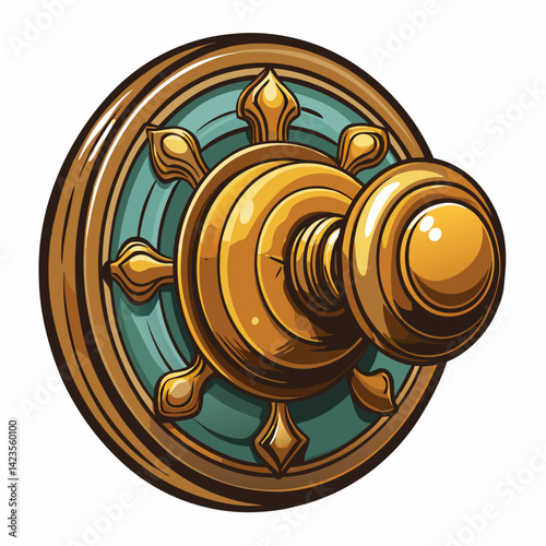 Golden door knob isolated on a white background, showcasing its shiny surface and intricate design details.