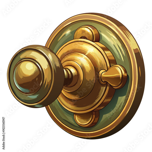 Golden door knob isolated on a white background, showcasing its shiny surface and intricate design details.