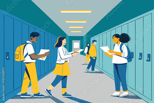 A bustling school hallway scene; diverse students cheerfully holding and displaying thank you notes, showcasing gratitude and positive school spirit.