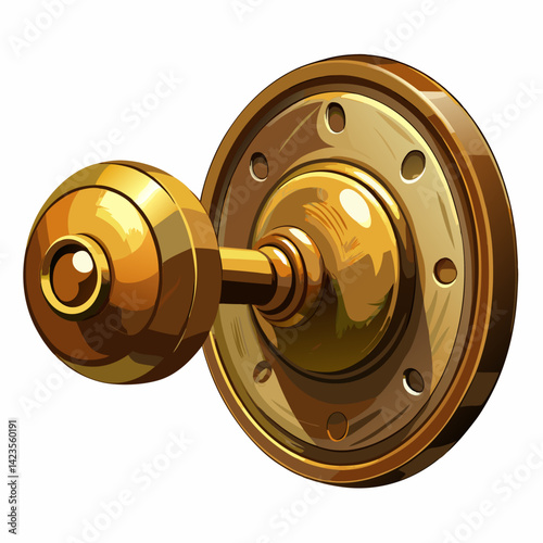 Golden door knob isolated on a white background, showcasing its shiny surface and intricate design details.