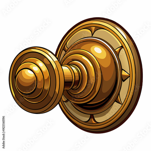 Golden door knob isolated on a white background, showcasing its shiny surface and intricate design details.