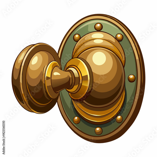 Golden door knob isolated on a white background, showcasing its shiny surface and intricate design details.