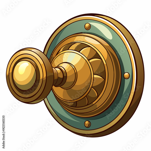 Golden door knob isolated on a white background, showcasing its shiny surface and intricate design details.