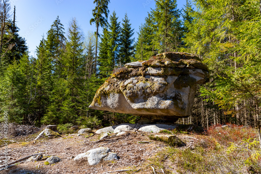 Rock formations in the Sumava Mountains, Czechia. Tourist area