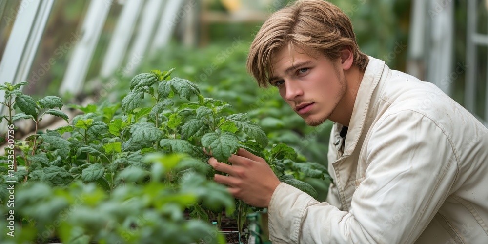Fototapeta premium Handsome young farmer in a white outfit tends to hydroponic vegetables inside a bright white greenhouse, surrounded by lush green plants in a clean, modern setting