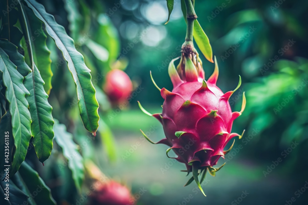 Organic Red Dragon Fruit on Vine, Minimalist Vintage Garden Photo
