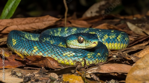 Vogel's Pit Viper Coiled on Leaves in Forest Close Up