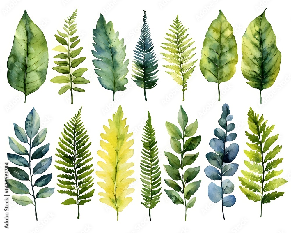 A Vibrant Watercolor Collection of Fern Leaves A Vibrant Watercolor Collection of Fern Leaves