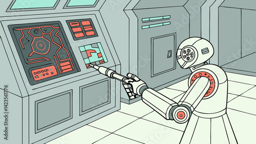 Advanced Robot Operating a Hi-Tech Control Panel with Glowing Screens and Intricate Data, Futuristic Automation Vector