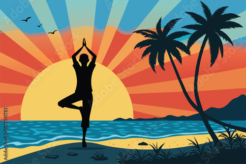 Silhouette of a yogi performing a sun salutation at sunrise on a tranquil beach; peaceful ocean backdrop.