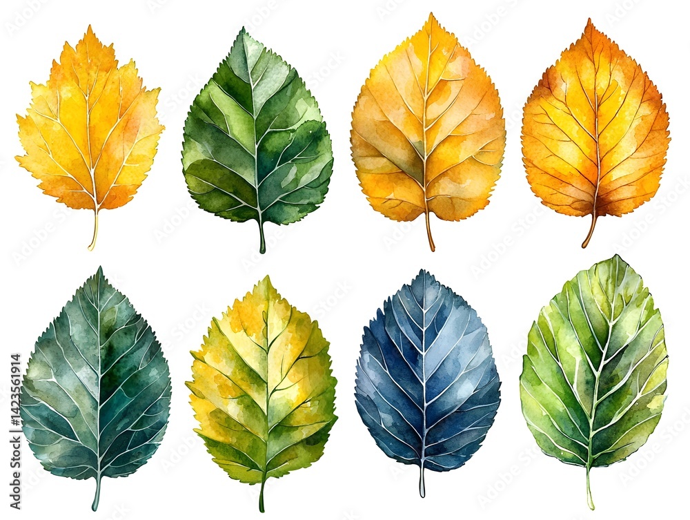 Watercolor Birch Leaves in Elegant Circular Arrangement Watercolor Birch Leaves in Elegant Circular Arrangement